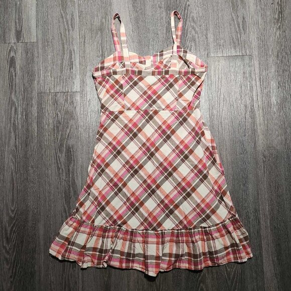 Vintage cute Y2K pink and brown plaid sweetheart midi dress with ruffles - Picture 11 of 14